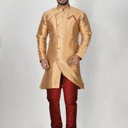 RANAK Abstract Woven Design Band Collar Jacquard Kurta-image-30