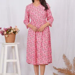 MomsBae Floral Printed Pure Cotton Fit & Flare Maternity Midi Dress-image-35