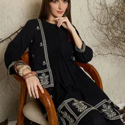 Indo Era Women Embroidered Round Neck Cotton Top and Trousers Co-Ords-picture-19