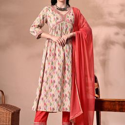 DOISA Women Ethnic Motifs Printed Empire Thread Work Kurta with Trousers & With Dupatta-image-3