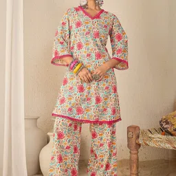 WineRed Printed Cotton V-Neck Tunic With Trousers Co-Ords-picture-41