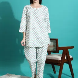9shines Label Floral Printed Notch Neck Pure Cotton Kurti With Pyjamas-picture-15