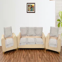 Fashion Throw Beige & Grey 6 Pieces Floral Printed Jacquard 5 Seater Sofa Covers-3