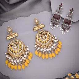 Anouk Set Of 2 Silver-Plated Artificial Stones and Beaded Geometric Drop Earrings-18