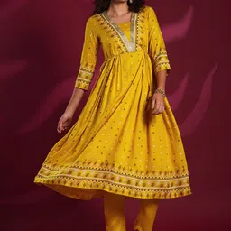 KALINI Floral Printed V-Neck Anarkali Kurta with Trousers-picture-21
