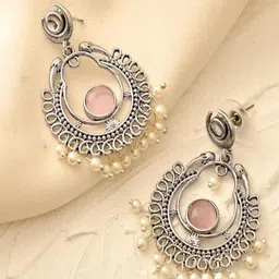 STYYO Silver-Plated Artificial Stones Crescent Shaped Chandbalis Earrings-10