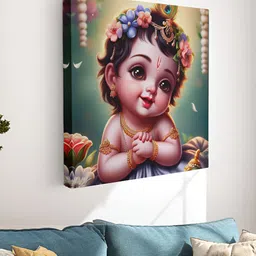 Myntra Elegant Homes Green & Pink Little Krishna Printed Canvas Wall Painting-55