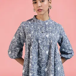 Winza Designer Women Cotton Floral Printed Mandarin Collar Puff Sleeve Top-image-86