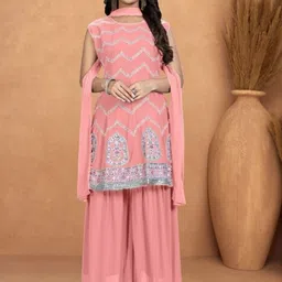 PARROT CREATION Floral Embroidered Sequinned Georgette A-Line Kurti With Sharara & Dupatta-image-12