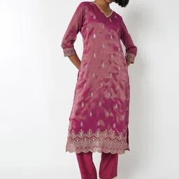 max Women Ethnic Motifs Embroidered V-Neck Straight Kurta with Trousers-picture-48