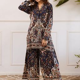 KALINI Ethnic Motifs Printed Mandarin Collar Straight Tunic With Palazzos-8