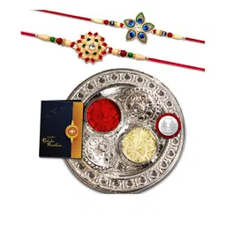 DeoDap Unisex Set of 2 Rakhis with Pooja Thali Roli Chawal Coin Greeting Card Gift Set-picture-47
