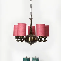 Devansh Pink Jute Round shade with Antique Golden Chandelier Metal Ceiling Lamp-1