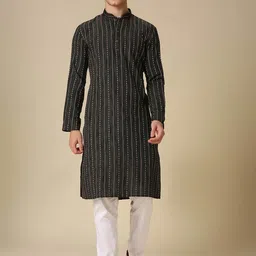 RAJUBHAI HARGOVINDAS Men Striped Pure Cotton Kurta with Churidar-image-80