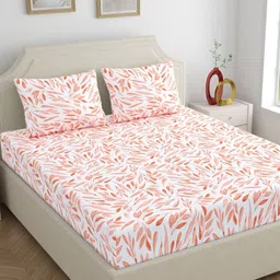 Dreamscape Peach-Coloured & White Floral 140 TC Bedsheet with 2 Pillow Covers-picture-6