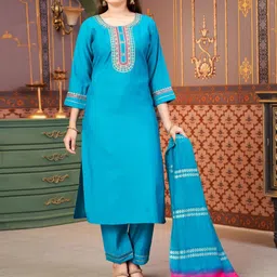 Sangria Girls Floral Yoke Design Sequined Pure Silk Straight Kurta With Trouser & Dupatta-image-64