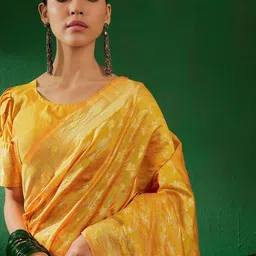 Sangria Yellow Ethnic Motifs Woven Design Zari Banarasi Saree-image-5