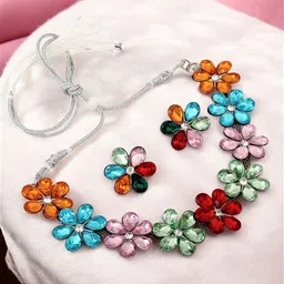 LUCKY JEWELLERY Silver-Plated Stone-Studded Oxidised Floral Choker Jewellery Set-image-75