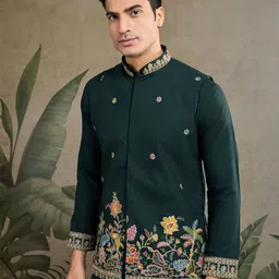 ODETTE Floral Embroidered Thread Work Pure Cotton Kurta With Jacket-picture-29