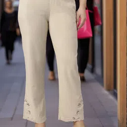 Presence Women Cotton Floral Embroidered Relaxed High-Rise Cropped Bootcut Trousers-image-88