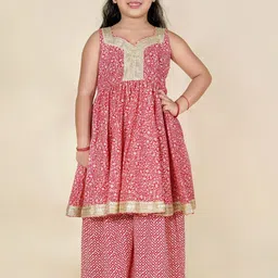 Sangria Girls Floral Printed Lace Detail Cotton Anarkali Kurta with Palazzos-picture-19