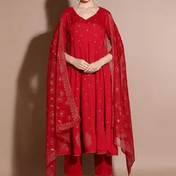 Anouk Floral Printed Regular Thread Work Anarkali Kurta with Trousers & With Dupatta image 1