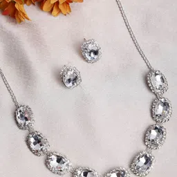 PUJVI Sliver-Toned American Diamond Stone Studded Jewellery Set-picture-15