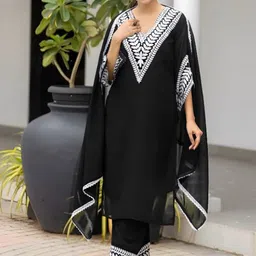 Moda Rapido Women Floral Regular Thread Work Straight Silk Georgette Kurta with Trousers-53