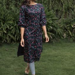 BINDUDI Women Floral Printed Keyhole Neck Bishop Sleeves Straight Kurta-39