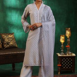 Libas Women Floral Printed Regular Beads and Stones Kurta with Trousers & With Dupatta-picture-12