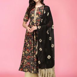 THE FAB FACTORY Floral Printed Cotton Thread Work Round Neck Anarkali Kurta-image-11