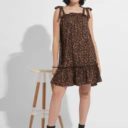Fashfun Women Animal Printed Tie-Up Neck Shift Dress-42
