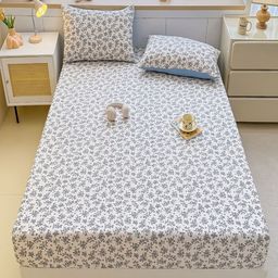 JC HOME White & Blue Floral 140 TC Fitted Double Queen Bedsheet Set 1.50 m x 2 m-picture-36