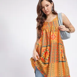 fusion by glitchez Geometric Printed Embellished Zari A-Line Dress-picture-49