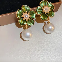 AKISON JEWELS Gold-Plated Floral Pearl Studded Drop Earrings-image-43