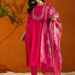 KALINI Women Floral Embroidered Regular Beads and Stones Chanderi Silk Kurta with Trousers & With Dupatta-40