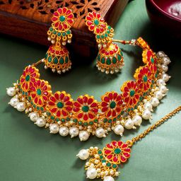 aadita Gold-Plated Kundan Studded & Beaded Jewellery Set-image-46