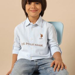 U.S. Polo Assn. Kids Boys Vertical Striped Spread Collar Pure Cotton Casual Shirt-picture-45