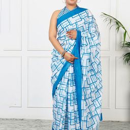 JAIPURI BLOCK PRINT Geometric Printed Mulmul Cotton Bagru Saree-68