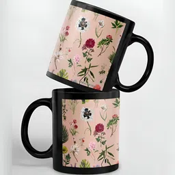 macmerise Black & Pink Floral Printed Ceramic Glossy Cups Set of Cups and Mugs-picture-37