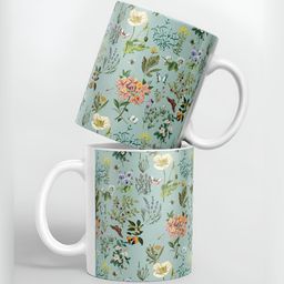 macmerise White & Green Floral Printed Ceramic Glossy Cups Set of Cups and Mugs-56