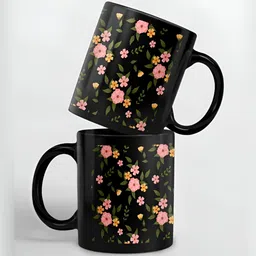 macmerise Black & Pink Floral Printed Ceramic Glossy Cups Set of Cups and Mugs-17