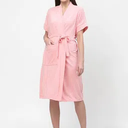 POORAK Pink V-Neck Waist Tie-Up Terry Cotton Bath Robe-17