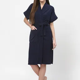 POORAK Navy Blue V-Neck Waist Tie-Up Terry Cotton Bath Robe-10