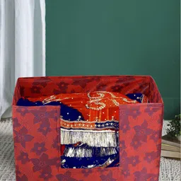 Kuber Industries Unisex Set Of 2 Red Metalic Flower Printed Saree Stacker Organisers image 3