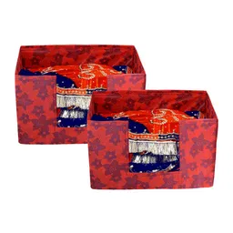 Kuber Industries Unisex Set Of 2 Red Metalic Flower Printed Saree Stacker Organisers-2