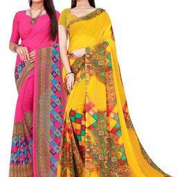 SAADHVI Yellow & Magenta Pure Georgette Saree combo pack of 2-image-45