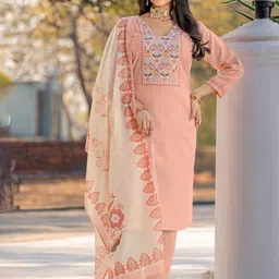 KALINI Floral Printed V-Neck Pure Cotton Straight Kurta With Pyjamas & Dupatta-image-37