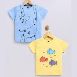 nit kid Boys Blue and Yellow Set Of 2 Printed Pure Cotton T-shirt-image-34
