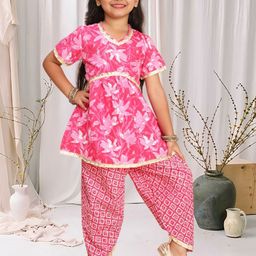 Cutiekins Girls Floral Printed V-Neck Gotta Patti A-Line Kurta With Dhoti Pants-picture-37